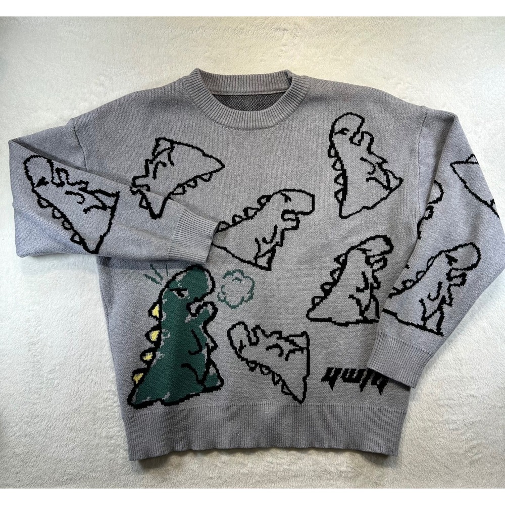 Kidcore Dinosaur Graphic Knit Sweater Large Grey Streetwear Indie Quirky Retro